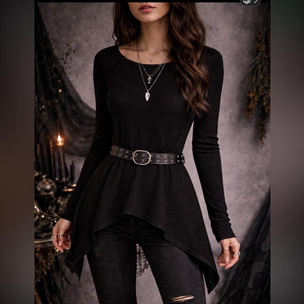 Belldini Black Mesh Knit Handkerchief Hem Tunic Top Bell Sleeves M Y2K
